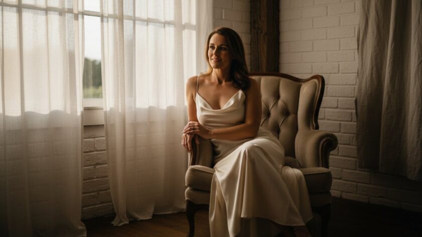 A captivating and authentic boudoir photography Bacchus Marsh experience, showcasing a woman in a soft, ethereal gown, bathed in golden hour light within a rustic Bacchus Marsh setting, embodying self-confidence and serene beauty.