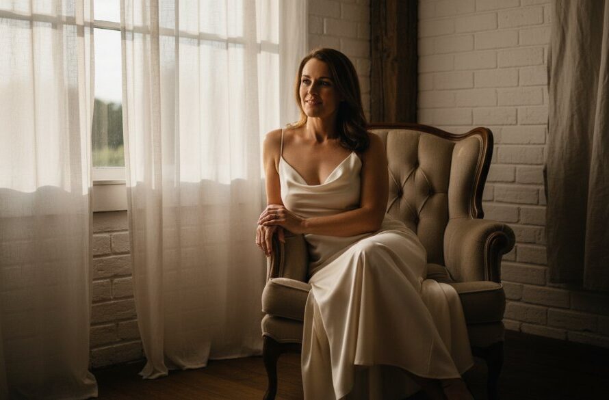 A captivating and authentic boudoir photography Bacchus Marsh experience, showcasing a woman in a soft, ethereal gown, bathed in golden hour light within a rustic Bacchus Marsh setting, embodying self-confidence and serene beauty.