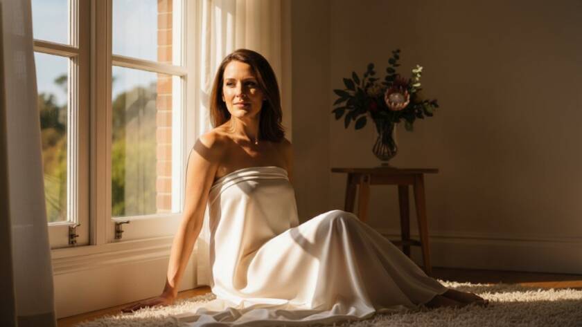 A stunning, professional, color-graded boudoir photograph of a woman, radiating confidence and grace, softly lit by natural light filtering through sheer curtains in a luxurious, private Donvale studio. She is subtly posed, capturing an intimate and empowering moment, with a shallow depth of field enhancing her natural beauty.