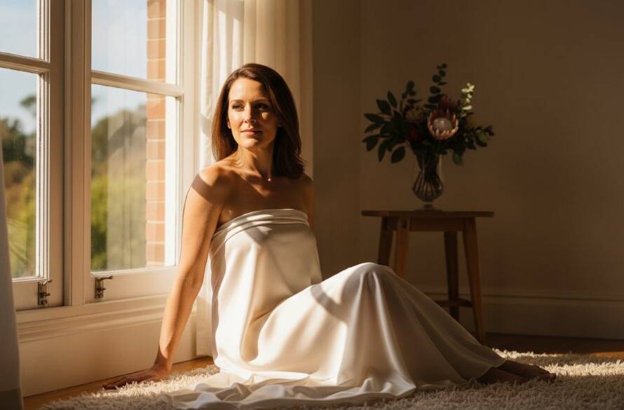 A stunning, professional, color-graded boudoir photograph of a woman, radiating confidence and grace, softly lit by natural light filtering through sheer curtains in a luxurious, private Donvale studio. She is subtly posed, capturing an intimate and empowering moment, with a shallow depth of field enhancing her natural beauty.