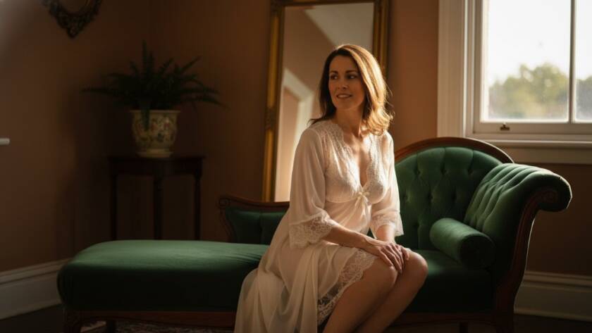 An epic moment of a confident woman in an elegant, soft boudoir setting, bathed in golden hour light, capturing the authentic boudoir photography Oakleigh East experience with a professional, cinematic feel.