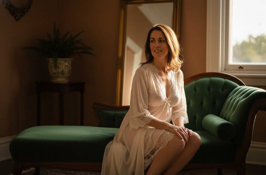 An epic moment of a confident woman in an elegant, soft boudoir setting, bathed in golden hour light, capturing the authentic boudoir photography Oakleigh East experience with a professional, cinematic feel.