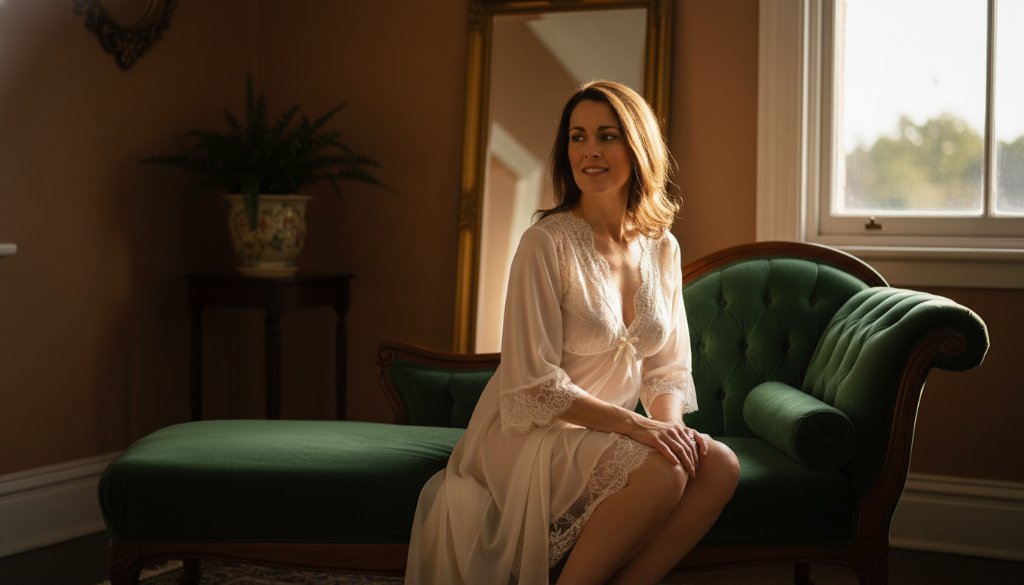 An epic moment of a confident woman in an elegant, soft boudoir setting, bathed in golden hour light, capturing the authentic boudoir photography Oakleigh East experience with a professional, cinematic feel.