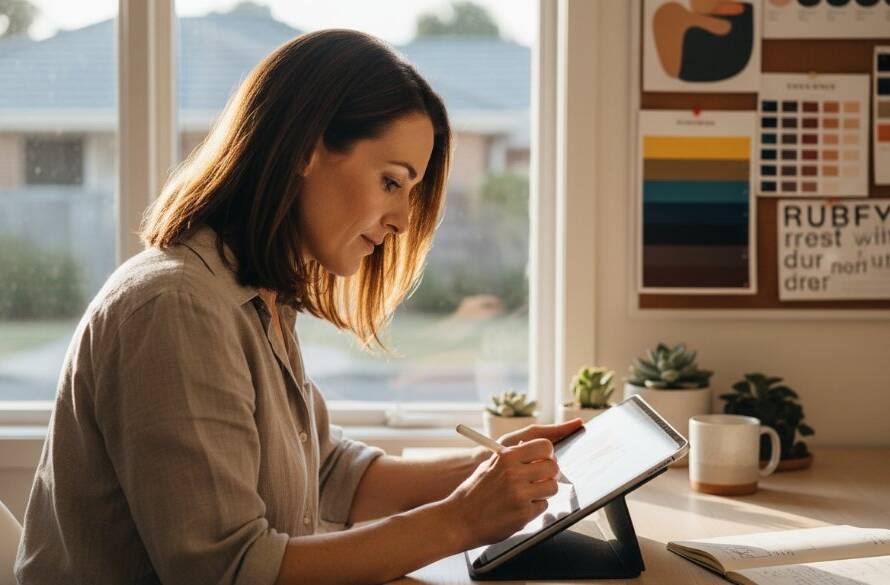 Dynamic wide shot of a local Box Hill North Victoria entrepreneur, passionately showcasing their handcrafted product in a well-lit, modern studio space, capturing the essence of authentic brand photography. Golden hour light streams through a large window, highlighting intricate details and creating a warm, inviting atmosphere, embodying the spirit of local business success.