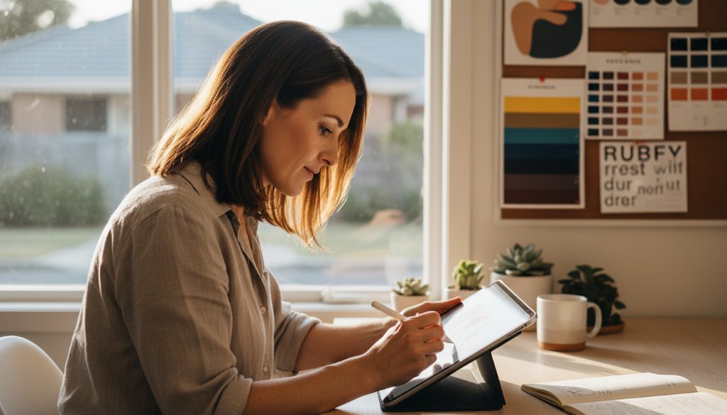 Dynamic wide shot of a local Box Hill North Victoria entrepreneur, passionately showcasing their handcrafted product in a well-lit, modern studio space, capturing the essence of authentic brand photography. Golden hour light streams through a large window, highlighting intricate details and creating a warm, inviting atmosphere, embodying the spirit of local business success.