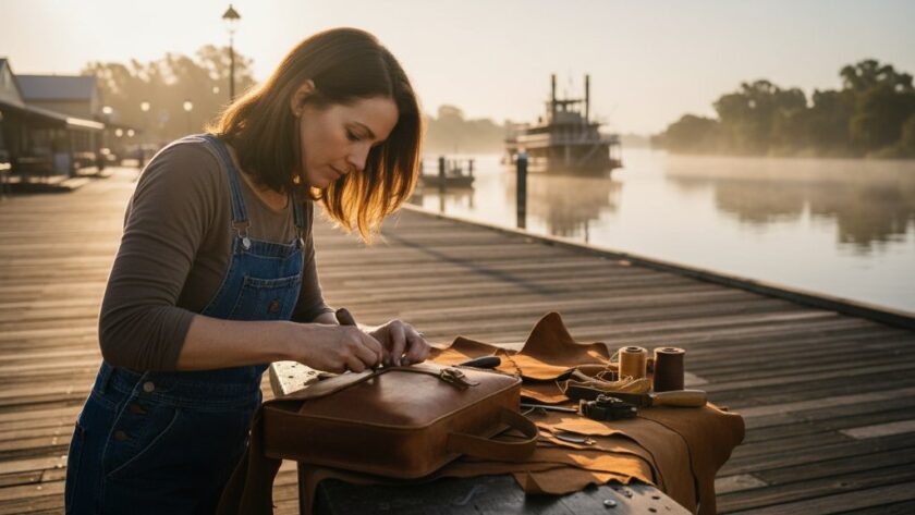 An inspiring 'epic moment' shot capturing a local artisan, mid-craft, with a paddle steamer on the Murray River in the background at sunset, showcasing authentic brand photography Echuca businesses can leverage. Dramatic golden hour light illuminates the scene, highlighting craftsmanship and local heritage.