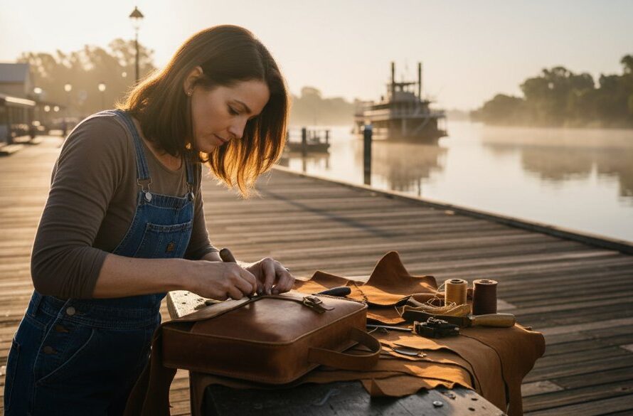 An inspiring 'epic moment' shot capturing a local artisan, mid-craft, with a paddle steamer on the Murray River in the background at sunset, showcasing authentic brand photography Echuca businesses can leverage. Dramatic golden hour light illuminates the scene, highlighting craftsmanship and local heritage.
