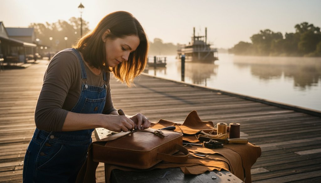 An inspiring 'epic moment' shot capturing a local artisan, mid-craft, with a paddle steamer on the Murray River in the background at sunset, showcasing authentic brand photography Echuca businesses can leverage. Dramatic golden hour light illuminates the scene, highlighting craftsmanship and local heritage.