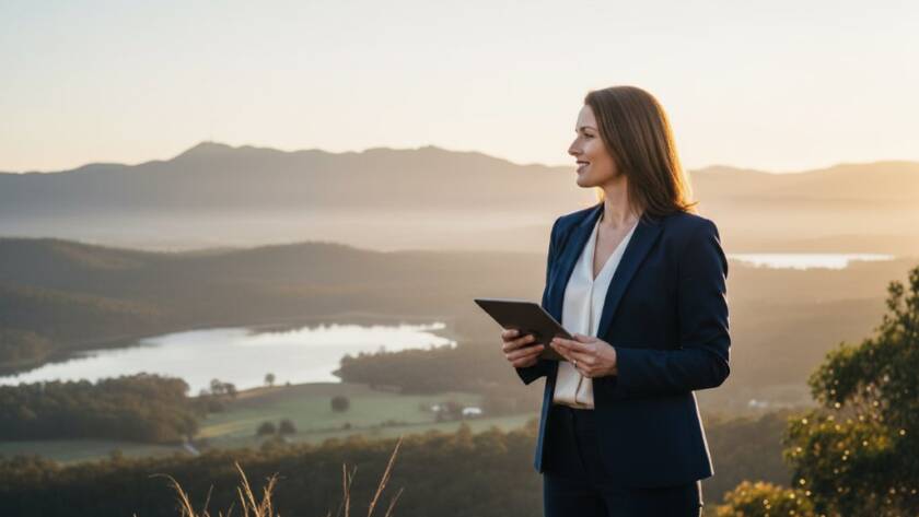A vibrant, high-energy professional headshot taken outdoors at Lysterfield Lake, capturing an entrepreneur confidently smiling with the sparkling lake and lush Dandenong Ranges in the background, showcasing authentic brand story photography Lysterfield Victoria in a cinematic, golden hour glow.