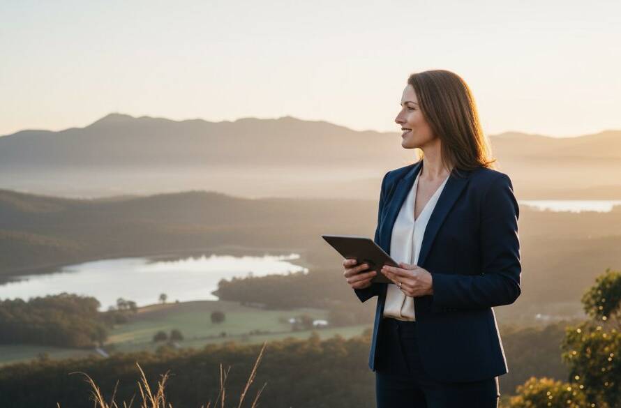 A vibrant, high-energy professional headshot taken outdoors at Lysterfield Lake, capturing an entrepreneur confidently smiling with the sparkling lake and lush Dandenong Ranges in the background, showcasing authentic brand story photography Lysterfield Victoria in a cinematic, golden hour glow.