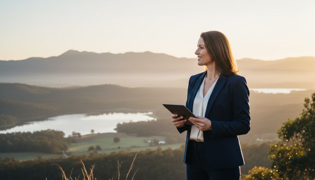A vibrant, high-energy professional headshot taken outdoors at Lysterfield Lake, capturing an entrepreneur confidently smiling with the sparkling lake and lush Dandenong Ranges in the background, showcasing authentic brand story photography Lysterfield Victoria in a cinematic, golden hour glow.