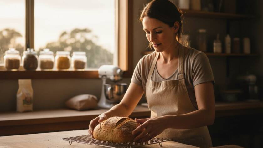 An inspiring wide-angle shot showcasing an authentic branding photography Bayswater North creatives session, featuring a local ceramic artist in her sunlit studio, surrounded by her handcrafted pottery. She is mid-conversation, gesturing passionately, with dramatic natural light highlighting her work and face, conveying creativity and authenticity.