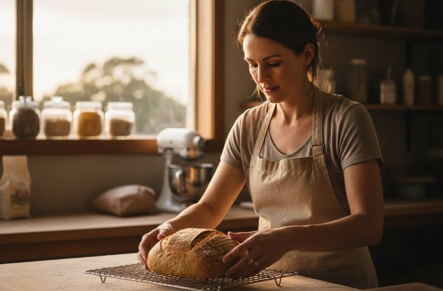 An inspiring wide-angle shot showcasing an authentic branding photography Bayswater North creatives session, featuring a local ceramic artist in her sunlit studio, surrounded by her handcrafted pottery. She is mid-conversation, gesturing passionately, with dramatic natural light highlighting her work and face, conveying creativity and authenticity.