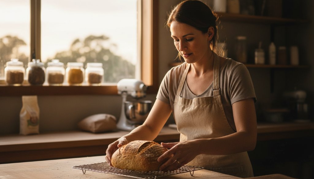 An inspiring wide-angle shot showcasing an authentic branding photography Bayswater North creatives session, featuring a local ceramic artist in her sunlit studio, surrounded by her handcrafted pottery. She is mid-conversation, gesturing passionately, with dramatic natural light highlighting her work and face, conveying creativity and authenticity.