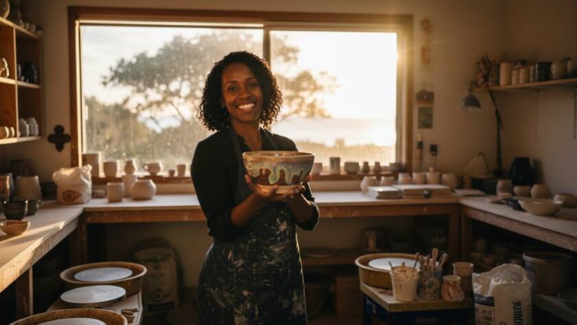 An energetic Black Rock small business owner, illuminated by the golden hour sun filtering through coastal tea trees, laughs genuinely while showcasing their handcrafted product, captured with authentic branding photography Black Rock small businesses.
