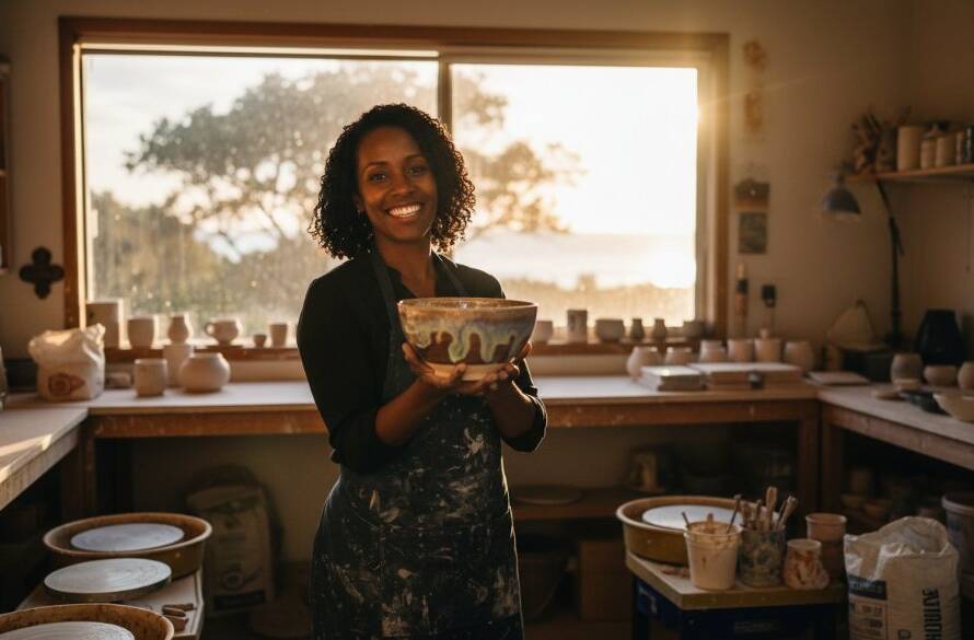 An energetic Black Rock small business owner, illuminated by the golden hour sun filtering through coastal tea trees, laughs genuinely while showcasing their handcrafted product, captured with authentic branding photography Black Rock small businesses.