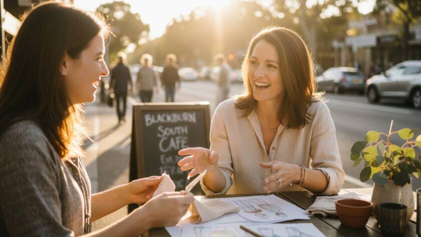 Epic moment photograph showing an enthusiastic female entrepreneur in Blackburn South, Victoria, engaging with a client over coffee at a sunlit cafe, captured with dynamic lighting to highlight the authentic branding photography Blackburn South for local entrepreneurs, conveying connection and professional trust.