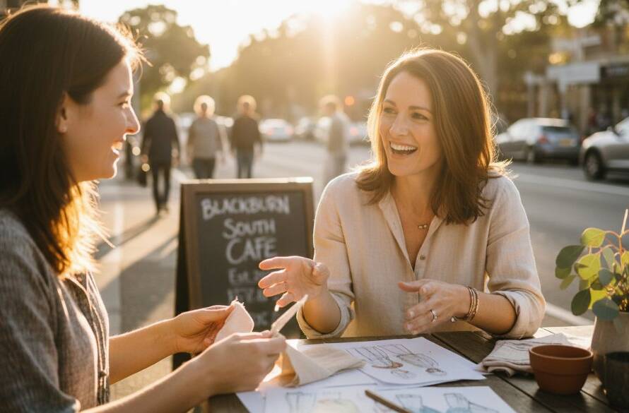 Epic moment photograph showing an enthusiastic female entrepreneur in Blackburn South, Victoria, engaging with a client over coffee at a sunlit cafe, captured with dynamic lighting to highlight the authentic branding photography Blackburn South for local entrepreneurs, conveying connection and professional trust.