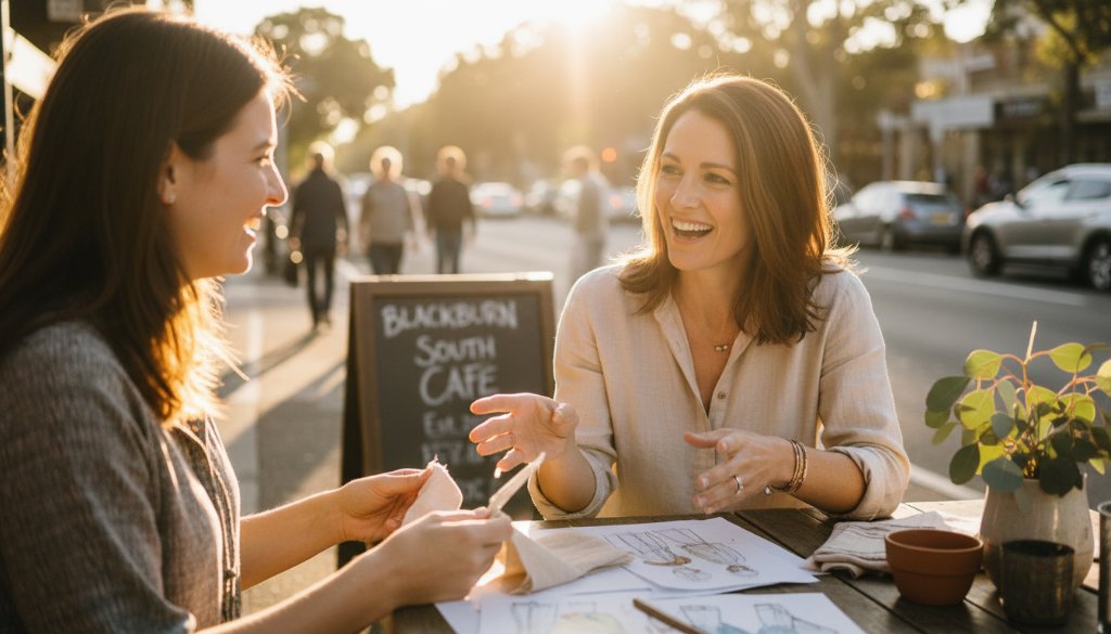 Epic moment photograph showing an enthusiastic female entrepreneur in Blackburn South, Victoria, engaging with a client over coffee at a sunlit cafe, captured with dynamic lighting to highlight the authentic branding photography Blackburn South for local entrepreneurs, conveying connection and professional trust.