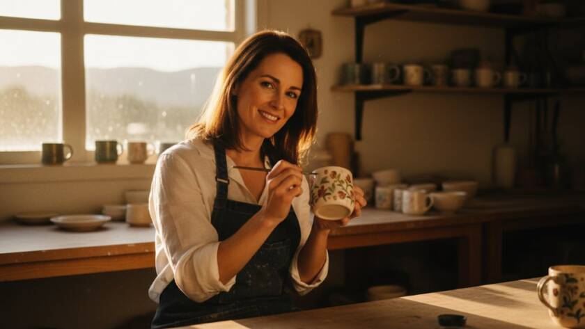 An inspiring professional photographer capturing authentic branding photography Boronia Victoria, featuring a local artisan showcasing their craft with dramatic studio lighting and a warm, inviting atmosphere, reflecting their unique brand story.