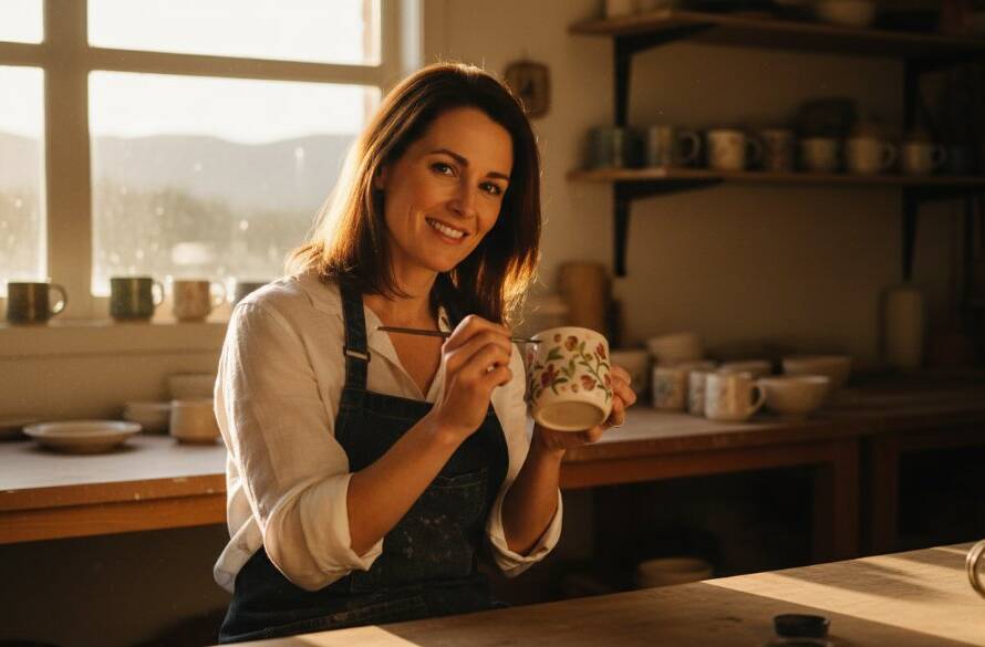 An inspiring professional photographer capturing authentic branding photography Boronia Victoria, featuring a local artisan showcasing their craft with dramatic studio lighting and a warm, inviting atmosphere, reflecting their unique brand story.