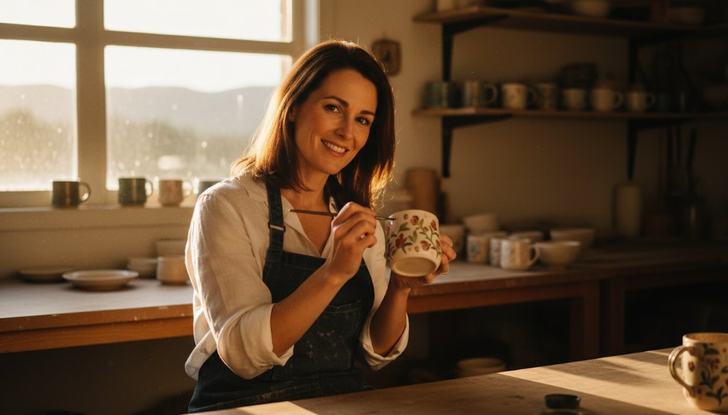 An inspiring professional photographer capturing authentic branding photography Boronia Victoria, featuring a local artisan showcasing their craft with dramatic studio lighting and a warm, inviting atmosphere, reflecting their unique brand story.