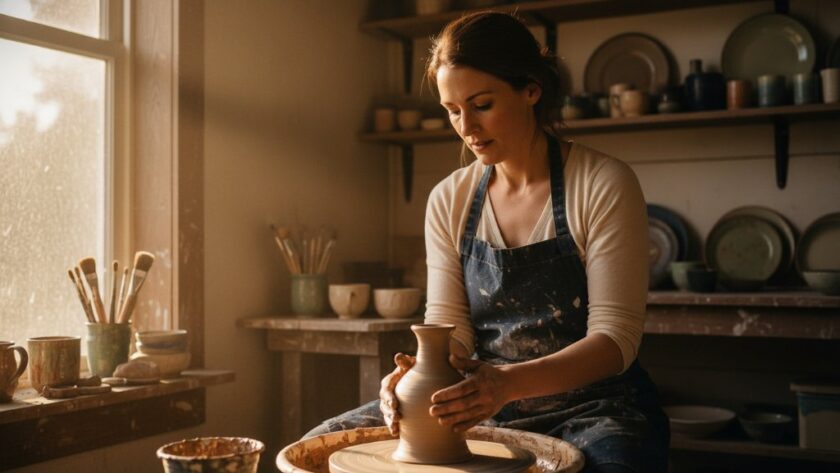 A vibrant, dynamic studio portrait of a local Canadian business owner passionately showcasing their handcrafted product, illuminated by warm, directional light, capturing the essence of authentic branding photography in Canadian Victoria.