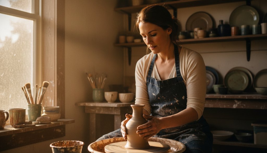 A vibrant, dynamic studio portrait of a local Canadian business owner passionately showcasing their handcrafted product, illuminated by warm, directional light, capturing the essence of authentic branding photography in Canadian Victoria.