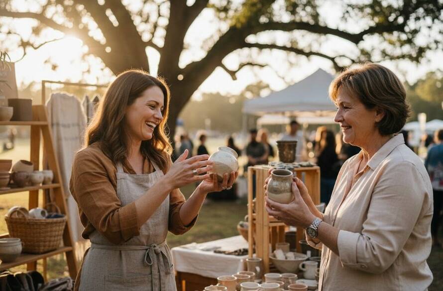 A dynamic, cinematic portrait capturing the essence of an entrepreneur engaging with a client at a bustling local café in Croydon Hills, illuminated by warm afternoon light. This image embodies authentic branding photography Croydon Hills small businesses can leverage.