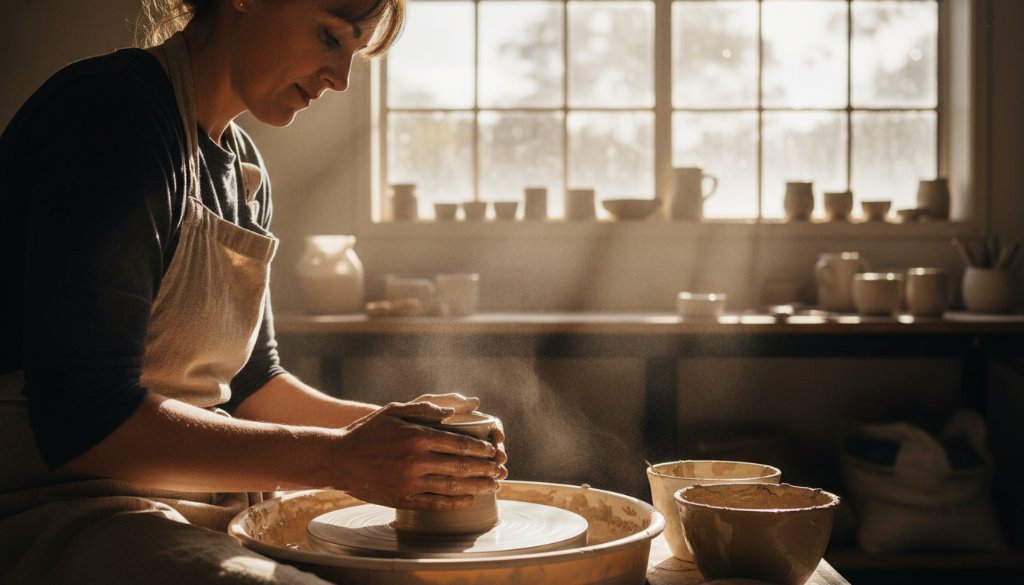 An epic moment captured during authentic branding photography in Gisborne, Victoria, showing a local artisan passionately crafting a unique item in their sunlit workshop, with the beautiful Gisborne landscape subtly visible through a window, professional colour grading.