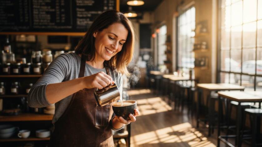 An epic moment shot featuring a local café owner in Hampton East, smiling genuinely as they serve a perfectly crafted flat white, bathed in warm morning light streaming through large windows, showcasing the vibrant atmosphere and authentic branding photography Hampton East businesses value.