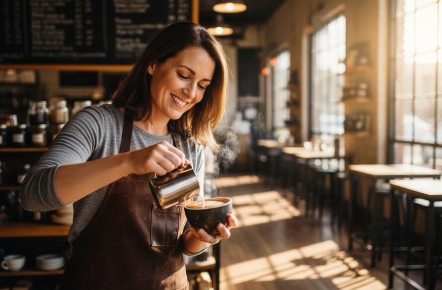 An epic moment shot featuring a local café owner in Hampton East, smiling genuinely as they serve a perfectly crafted flat white, bathed in warm morning light streaming through large windows, showcasing the vibrant atmosphere and authentic branding photography Hampton East businesses value.