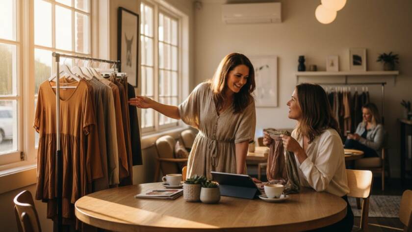 An empowering wide-angle shot of a local McKinnon small business owner, radiating confidence and authenticity, engaging with a client in a sunlit, contemporary cafe, showcasing the impact of authentic branding photography McKinnon Victoria with professional cinematic lighting and warm tones.