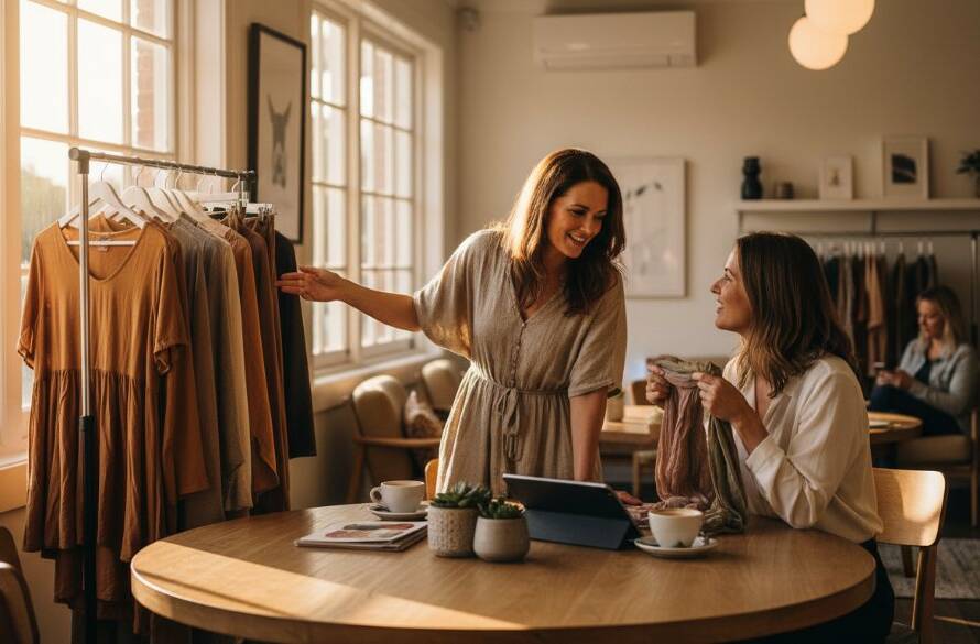 An empowering wide-angle shot of a local McKinnon small business owner, radiating confidence and authenticity, engaging with a client in a sunlit, contemporary cafe, showcasing the impact of authentic branding photography McKinnon Victoria with professional cinematic lighting and warm tones.