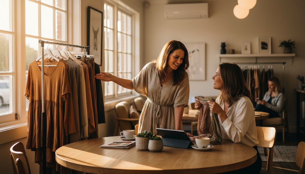 An empowering wide-angle shot of a local McKinnon small business owner, radiating confidence and authenticity, engaging with a client in a sunlit, contemporary cafe, showcasing the impact of authentic branding photography McKinnon Victoria with professional cinematic lighting and warm tones.
