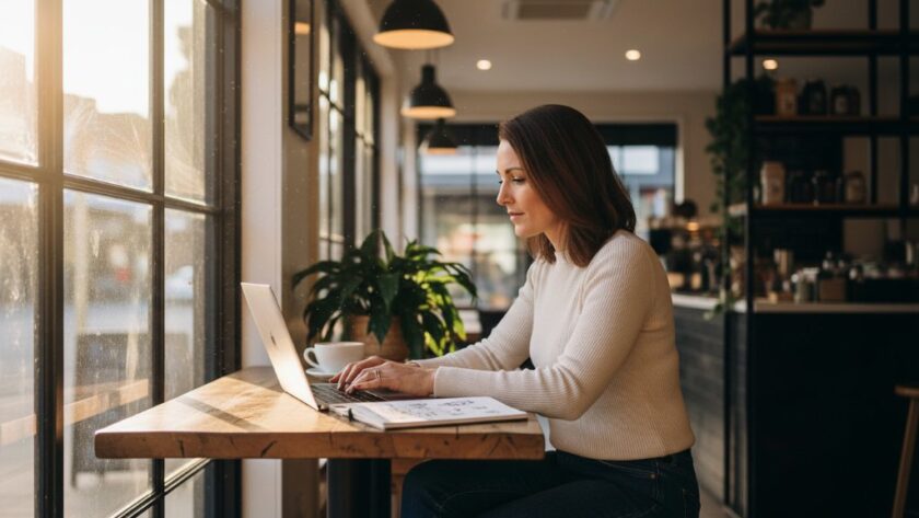 An inspiring, cinematic photograph of an entrepreneur working passionately in a modern Morwell cafe, bathed in dramatic golden hour light, showcasing authentic branding photography Morwell businesses need. The subject is engaged, surrounded by creative elements, with a blurred background hinting at Morwell's vibrant local scene. Professional colour grading enhances the warm, inviting mood.