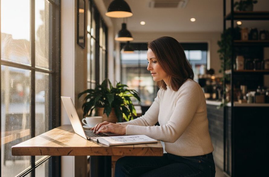 An inspiring, cinematic photograph of an entrepreneur working passionately in a modern Morwell cafe, bathed in dramatic golden hour light, showcasing authentic branding photography Morwell businesses need. The subject is engaged, surrounded by creative elements, with a blurred background hinting at Morwell's vibrant local scene. Professional colour grading enhances the warm, inviting mood.