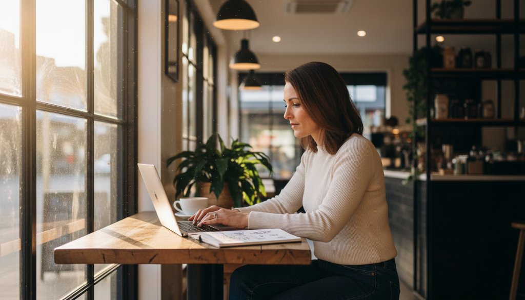 An inspiring, cinematic photograph of an entrepreneur working passionately in a modern Morwell cafe, bathed in dramatic golden hour light, showcasing authentic branding photography Morwell businesses need. The subject is engaged, surrounded by creative elements, with a blurred background hinting at Morwell's vibrant local scene. Professional colour grading enhances the warm, inviting mood.