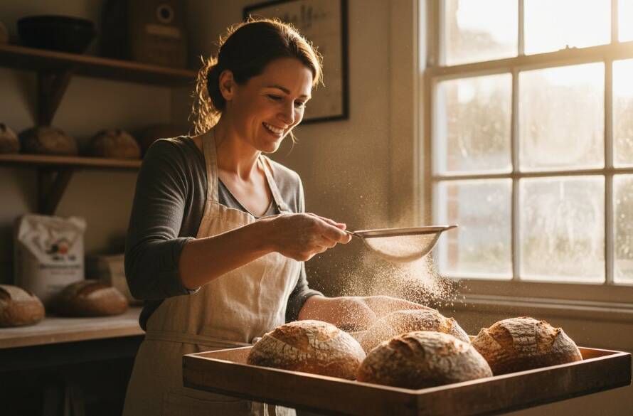 Dynamic and cinematic authentic branding photography Newport Victoria of a local cafe owner proudly showcasing their barista skills with steam rising from a latte, bathed in warm, golden hour light filtering through a large window, capturing an 'epic moment' of passion and craft.