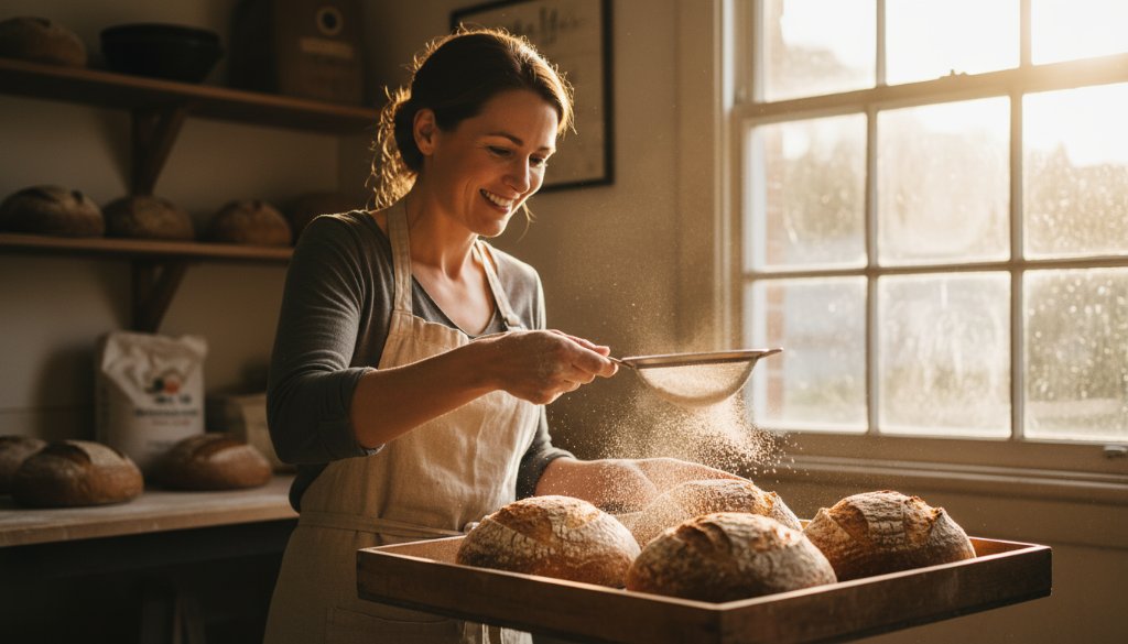 Dynamic and cinematic authentic branding photography Newport Victoria of a local cafe owner proudly showcasing their barista skills with steam rising from a latte, bathed in warm, golden hour light filtering through a large window, capturing an 'epic moment' of passion and craft.