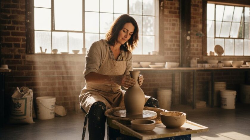 An inspiring wide-angle shot of a passionate artisan crafting a custom piece in their sunlit North Geelong workshop, perfectly capturing authentic branding photography for small businesses, with dramatic backlighting and intricate details highlighted.
