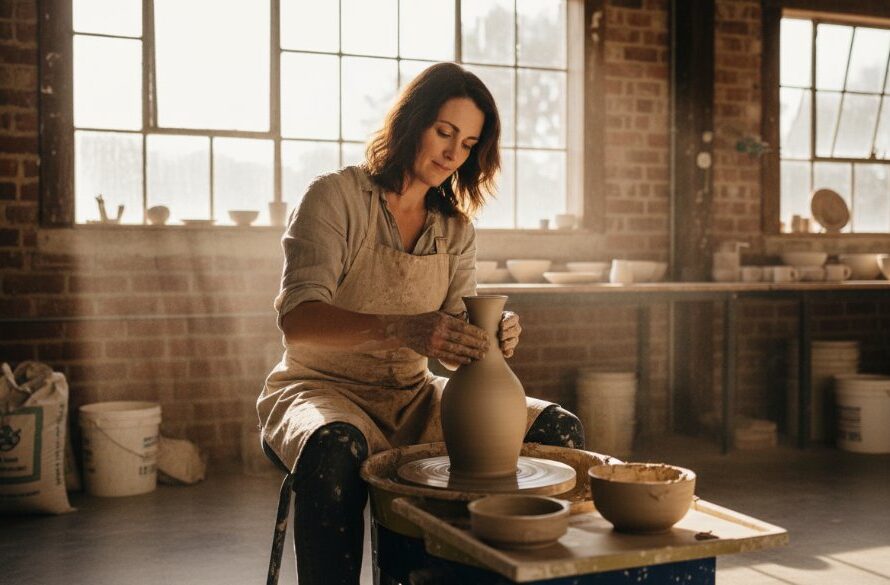 An inspiring wide-angle shot of a passionate artisan crafting a custom piece in their sunlit North Geelong workshop, perfectly capturing authentic branding photography for small businesses, with dramatic backlighting and intricate details highlighted.
