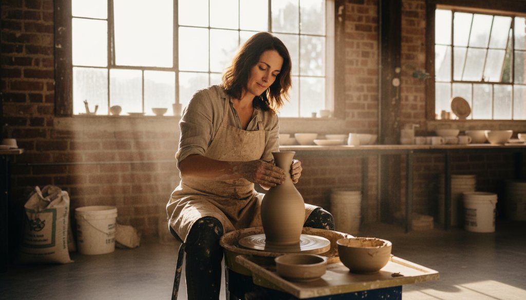 An inspiring wide-angle shot of a passionate artisan crafting a custom piece in their sunlit North Geelong workshop, perfectly capturing authentic branding photography for small businesses, with dramatic backlighting and intricate details highlighted.