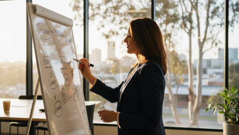 Dramatic portrait of a successful female entrepreneur, captured with authentic branding photography in Rowville Victoria, confidently standing in her modern office bathed in soft, natural light, reflecting professionalism and vision.