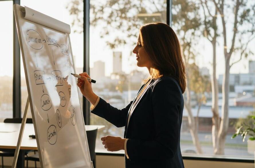 Dramatic portrait of a successful female entrepreneur, captured with authentic branding photography in Rowville Victoria, confidently standing in her modern office bathed in soft, natural light, reflecting professionalism and vision.