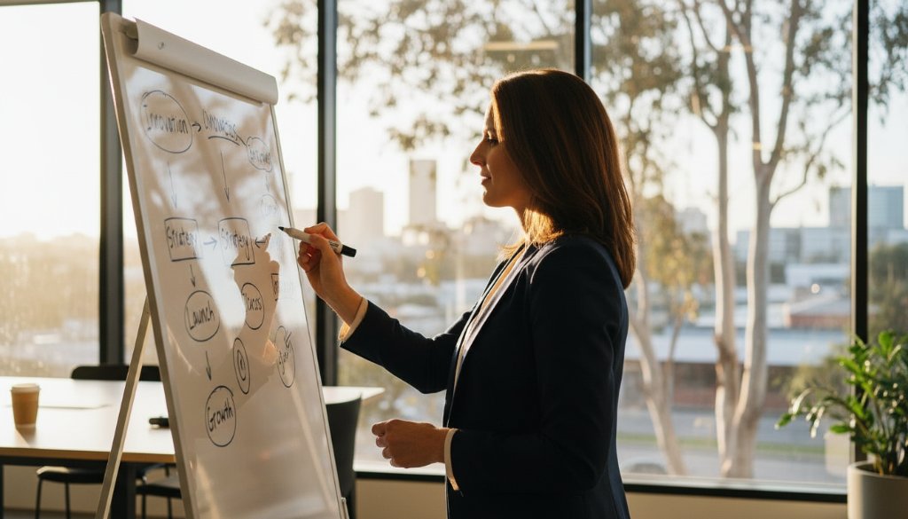Dramatic portrait of a successful female entrepreneur, captured with authentic branding photography in Rowville Victoria, confidently standing in her modern office bathed in soft, natural light, reflecting professionalism and vision.