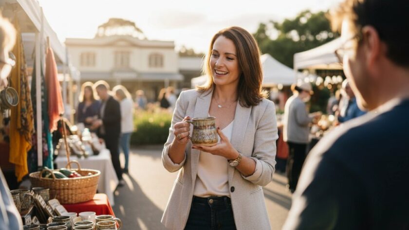 A confident female entrepreneur, bathed in golden hour light, standing in front of the iconic Port of Sale with her bespoke product, showcasing authentic branding photography Sale Victoria entrepreneurs for a powerful visual story.