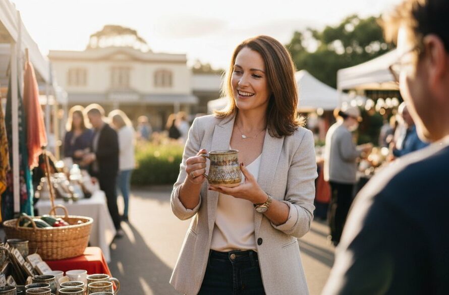 A confident female entrepreneur, bathed in golden hour light, standing in front of the iconic Port of Sale with her bespoke product, showcasing authentic branding photography Sale Victoria entrepreneurs for a powerful visual story.