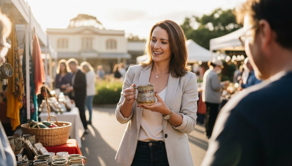 A confident female entrepreneur, bathed in golden hour light, standing in front of the iconic Port of Sale with her bespoke product, showcasing authentic branding photography Sale Victoria entrepreneurs for a powerful visual story.