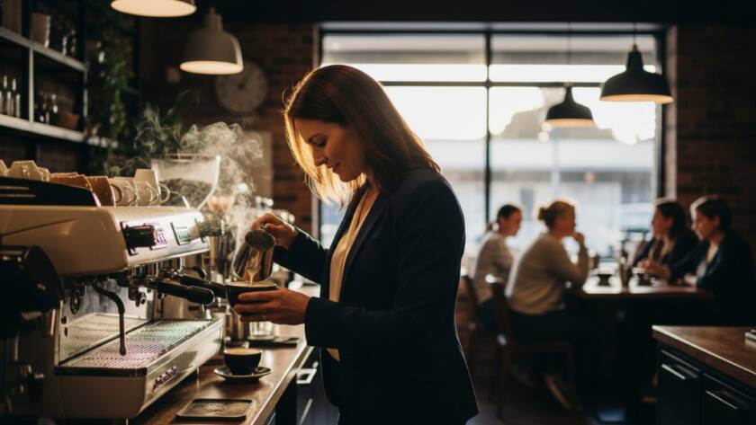An inspiring wide-angle shot showcasing a Scoresby small business owner, perhaps a artisan or a cafe owner, authentically engaging with a customer in their beautifully lit local establishment, captured by Image by SD, highlighting the essence of authentic branding photography Scoresby Victoria for small businesses with dramatic, warm ambient light and a shallow depth of field, conveying genuine connection and brand story.